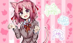 1girl animal_ears blazer blush bob_cut breasts candy cat_ears cat_tail doki_doki_literature_club fang food hair_ornament hairclip heart ice_cream jacket kemonomimi_mode long_sleeves looking_at_viewer natsuki_(doki_doki_literature_club) open_mouth paw_pose pink_ears pink_eyes pink_hair pink_tail red_ribbon ribbon school_uniform solo striped_background tail ting_mong upper_body