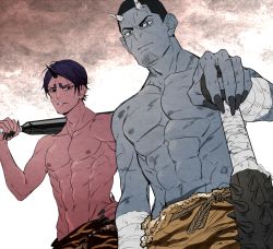 2boys abs alternate_skin_color animal_print black_eyes blue_oni blue_skin club_(weapon) colored_skin demon_boy garamgum golden_kamuy horns koito_otonoshin male_focus multiple_boys navel nipples oni oni_horns over_shoulder parted_bangs pectorals purple_hair red_oni red_skin short_hair single_horn tiger_print topless_male tsukishima_hajime upper_body weapon weapon_over_shoulder