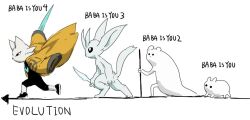 baba_(baba_is_you) baba_is_you cat chinese_commentary commentary evolutionary_line holding holding_sword holding_weapon nine_sols ori_(ori_and_the_blind_forest) ori_and_the_will_of_the_wisps rain_world slugcat survivor_(rain_world) sword taoist_rope weapon white_background white_cat white_fur xiaopizi32439 yi_(nine_sols)