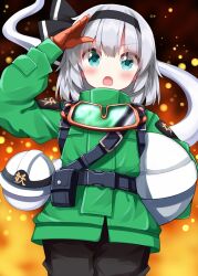 1girl alternate_costume aqua_eyes arm_up belt black_belt black_hairband black_pants blush commentary_request cowboy_shot embers fire firefighter firefighter_jacket gloves goggles goggles_around_neck green_jacket hairband helmet highres hitodama holding holding_helmet jacket konpaku_youmu konpaku_youmu_(ghost) long_sleeves looking_at_viewer open_mouth orange_gloves pants pouch ruu_(tksymkw) salute short_hair solo standing touhou unworn_headwear unworn_helmet v-shaped_eyebrows white_hair
