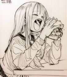 Rule 34 | 1girl, :d, bad id, bad twitter id, burger, closed eyes, eating, food, greyscale, highres, holding, inactive account, long hair, long sleeves, marker (medium), masuda (yousaytwosin), monochrome, neckerchief, open mouth, original, school uniform, serafuku, shirt, smile, solo, traditional media
