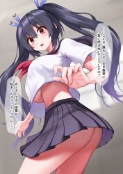 1girl absurdres artist_name ass black_hair black_sailor_collar black_skirt breasts choujigen_game_neptune cowboy_shot crop_top crop_top_overhang eyelashes from_below from_side grey_background hair_between_eyes hair_ribbon highres katade large_breasts light_blush long_hair looking_at_viewer midriff miniskirt neckerchief neptune_(series) no_bra noire_(neptunia) open_mouth palms pleated_skirt red_eyes red_neckerchief ribbon sailor_collar sailor_shirt school_uniform serafuku shirt short_sleeves skirt solo speech_bubble straight_hair twintails twisted_torso underboob very_long_hair white_shirt
