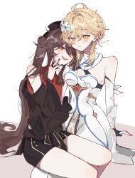 Rule 34 | 2girls, bare legs, bare shoulders, blonde hair, blush, breasts, brown hair, brown shirt, chinese clothes, cleavage, detached sleeves, dress, flower, flower-shaped pupils, genshin impact, hair flower, hair flowing over, hair ornament, hat, highres, hu tao (genshin impact), hug, light frown, long hair, long sleeves, lumine (genshin impact), multiple girls, open mouth, orange eyes, red eyes, shirt, short hair with long locks, simple background, sitting, small breasts, smile, symbol-shaped pupils, translation request, twintails, very long hair, white background, white dress, yunoji (onigiri yumi09), yuri