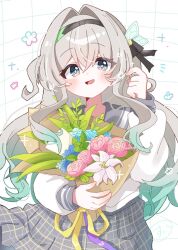 1girl black_hairband black_ribbon blush bouquet checkered_clothes checkered_skirt collared_shirt firefly_(honkai:_star_rail) firefly_(spring_missive)_(honkai:_star_rail) flower gradient_eyes gradient_hair green_pupils grey_hair grey_sailor_collar grey_skirt grid_background hair_between_eyes hair_intakes hair_ornament hair_ribbon hairband highres holding holding_bouquet honkai:_star_rail honkai_(series) multicolored_eyes multicolored_hair open_mouth pleated_skirt ribbon sailor_collar shirt skirt smile solo white_shirt zjxqx3k