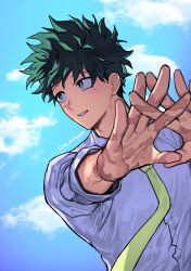 Rule 34 | 1boy, absurdres, blue sky, boku no hero academia, bright pupils, cloud, collared shirt, day, freckles, green hair, highres, looking to the side, male focus, midoriya izuku, misa (jjin miryeon), necktie, outstretched arms, parted lips, scar, scar on face, scar on hand, shirt, short hair, sky, solo, stretching, upper body, white pupils, yellow necktie