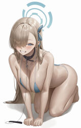 Rule 34 | 1girl, all fours, asuna (blue archive), barefoot, bikini, black collar, blonde hair, blue archive, blue bikini, blue eyes, blue halo, blush, breasts, cleavage, collar, collarbone, full body, grin, hair over one eye, halo, hinaki (hinaki 0102), large breasts, leash, long hair, looking at viewer, mole, mole on breast, navel, simple background, smile, solo, stomach, swimsuit, very long hair, white background