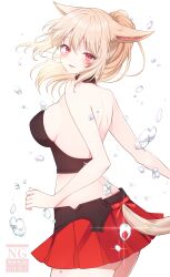 1girl absurdres animal_ears ayamisiro backless_outfit bare_arms bare_back bare_shoulders black_shirt blonde_hair breasts cat_ears cat_girl cat_tail clothing_cutout facial_mark final_fantasy final_fantasy_xiv halter_shirt halterneck highres looking_at_viewer miqo&#039;te pleated_skirt ponytail red_eyes red_skirt shirt skirt sleeveless sleeveless_shirt solo tail tail_through_clothes warrior_of_light_(ff14) whisker_markings