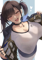 1girl blue_jacket blue_skirt blush bra_visible_through_clothes breasts brown_hair choker cleavage collarbone contraband earrings fangs goddess_of_victory:_nikke highres jacket jewelry large_breasts looking_at_viewer medium_hair mole mole_under_eye multiple_rings open_clothes open_jacket open_mouth opened_by_self pantyhose red_eyes ring shirt skirt smile solo sora_(nikke) twintails white_pantyhose white_shirt yude