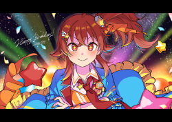 1girl absurdres ahoge alternate_hairstyle balloon blue_jacket blurry blurry_background blush closed_mouth confetti crossed_arms dated dot_nose floating_clothes floating_hair hair_between_eyes hair_ornament hair_ribbon hair_scrunchie hairclip happy_birthday highres idolmaster idolmaster_shiny_colors jacket komiya_kaho letterboxed long_hair long_sleeves looking_at_viewer nail_polish necktie niyororinpayamaru open_clothes open_jacket orange_nails orange_ribbon red_eyes red_hair red_necktie ribbon scrunchie shirt side_ponytail smile solo stage_lights star_(symbol) star_balloon star_hair_ornament star_in_eye symbol_in_eye upper_body v-shaped_eyebrows white_scrunchie white_shirt