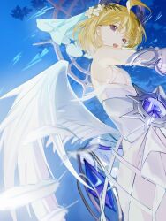 Rule 34 | 1girl, ahoge, bare shoulders, blonde hair, blue sky, blue veil, braid, breasts, detached sleeves, dress, enna alouette, enna alouette (2nd costume), expressionless, feathered wings, feathers, floating hair, flower, from below, from side, hair behind ear, hair between eyes, hair flower, hair ornament, highres, long sleeves, looking at viewer, nijisanji, nijisanji en, open mouth, purple eyes, sawayaka (swyk a4), short hair, sky, small breasts, solo, veil, white dress, white feathers, white flower, white sleeves, white wings, wind, wings