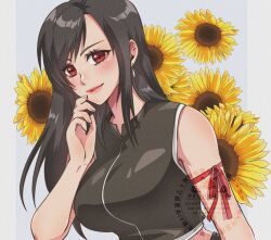 1girl arm_ribbon bare_shoulders black_hair black_vest blush breasts closed_mouth commentary_request crop_top earrings final_fantasy final_fantasy_vii final_fantasy_vii_advent_children floral_background flower highres jewelry large_breasts lips long_hair looking_at_viewer pink_lips red_eyes red_ribbon ribbon shikiwo single_earring smile solo sunflower swept_bangs tank_top teardrop_earrings tifa_lockhart upper_body vest white_tank_top zipper