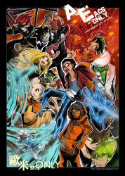 1girl 6+boys aang american_dragon_jake_long avatar_legends bald baseball_cap ben_10 ben_tennyson black_border black_coat black_hair blonde_hair blue_eyes blue_shirt blue_skin border bow bowtie brown_gloves brown_hair capelet character_request coat colored_sclera colored_skin commentary_request copyright_request crossover dark-skinned_male dark_skin dc_comics debris electricity fire formal_clothes fur-trimmed_hood fur_trim generator_rex gloves goggles goggles_on_eyes goggles_on_head green_bow green_bowtie green_eyes green_hair green_shirt grey_hat grey_skin grin hands_in_pockets hat highres homestuck hood hood_up hoodie jacket jake_long kenny_mccormick long_hair mask mechanical_arms multiple_boys nine_(ninevsnine) omnitrix open_mouth orange_capelet orange_goggles orange_hoodie popped_collar red_hair red_jacket rex_salazar rock sharp_teeth shirt short_hair smile smurf south_park suit teen_titans teeth terra_(dc) the_smurfs transformation two-tone_shirt white_hat white_jacket white_shirt yellow_eyes yellow_sclera