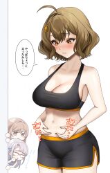 3girls absurdres ahoge anis_(nikke) belly belly_grab bike_shorts black_sports_bra blush breasts brown_eyes brown_hair cat_hair_ornament cleavage counters_(nikke) fat_rolls glasses goddess_of_victory:_nikke hair_ornament highres large_breasts long_hair multiple_girls neon_(nikke) open_mouth pinching rapi_(nikke) red_eyes short_hair smile sports_bra weight_conscious ymr_yamero
