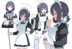 1boy 2girls absurdres apron beads blue_archive blue_eyes blue_sailor_collar blue_shirt blush bottle closed_mouth dong_ji doodle_sensei_(blue_archive) from_side hair_beads hair_between_eyes hair_ornament hairband highres holding holding_bottle holding_pole looking_at_viewer maid maid_apron maid_headdress medium_hair miyako_(blue_archive) multiple_girls neckerchief open_mouth pole ponytail purple_hair sailor_collar saki_(blue_archive) sensei_(blue_archive) shirt short_ponytail sidelocks water_bottle white_apron white_hairband white_sleeves yellow_neckerchief