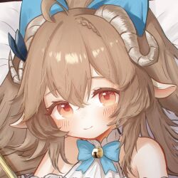 Rule 34 | 1girl, animal ears, arknights, bell, blue bow, blue bowtie, bow, bowtie, brown hair, closed mouth, cropped, delfino, eyjafjalla (arknights), eyjafjalla the hvit aska (a picnic before a long trip) (arknights), eyjafjalla the hvit aska (arknights), horns, jingle bell, long hair, neck bell, official alternate costume, red eyes, sheep ears, sheep girl, sheep horns, smile, solo