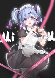 1girl absurdres alternate_costume apron black_background black_dress blue_hair blush caution_tape character_name collared_dress dress drill_hair enmaided frilled_dress frilled_sleeves frills gradient_hair hair_ornament hatsune_miku heart heart_hair_ornament heart_hands highres long_hair looking_at_viewer maid maid_apron maid_headdress multicolored_hair name_tag puffy_short_sleeves puffy_sleeves purple_eyes purple_hair rabbit_hole_(vocaloid) short_sleeves smile solo teardrop_facial_mark teeth twin_drills two-tone_hair upper_teeth_only vickey233 vocaloid wrist_cuffs x_hair_ornament