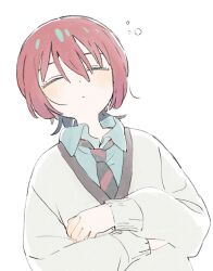 1girl amate_yuzuriha black_necktie closed_eyes green_shirt gundam gundam_gquuuuuux necktie red_hair red_necktie shirt sleeping solo striped_necktie sweater tenoo12 two-tone_necktie upper_body white_sweater