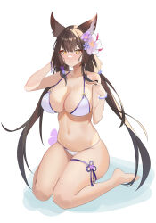 1girl absurdres animal_ears bikini blue_archive blush breasts brown_hair fang highres large_breasts looking_at_viewer navel sanchong skin_fang solo stomach swimsuit wakamo_(blue_archive) wakamo_(swimsuit)_(blue_archive) white_bikini yellow_eyes