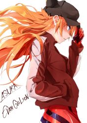 Rule 34 | 1girl, ankoro mochi, baseball cap, black hat, bodysuit, closed mouth, curvy, evangelion: 3.0 you can (not) redo, facing to the side, floating hair, from side, hand in pocket, hand on headwear, hat, jacket, long hair, looking ahead, mecha pilot suit, neon genesis evangelion, orange hair, plugsuit (evangelion), rebuild of evangelion, red bodysuit, red jacket, shiny clothes, simple background, solo, souryuu asuka langley, track jacket, very long hair, white background, wide hips