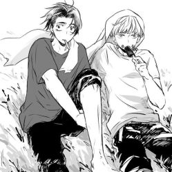 2boys bags_under_eyes black_hair black_shirt expressionless floating_hair food grass grey_shirt inumaki_toge jujutsu_kaisen monochrome multiple_boys okkotsu_yuuta pants pants_rolled_up popsicle shirt short_hair towel towel_around_neck towel_on_head white_hair white_shirt wind