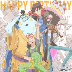 &gt;_&lt; 2girls 6+boys ^_^ afro banknote birthday_cake_hat blue_skin bouquet brook_(one_piece) closed_eyes colored_skin commentary_request confetti facial_hair flower franky_(one_piece) goatee green_overalls half_updo hand_on_own_hip happy_birthday highres holding holding_instrument instrument japanese_clothes jinbe_(one_piece) kimono long_nose mkk0025 money monkey_d._luffy multiple_boys multiple_girls nami_(one_piece) nico_robin one_piece orange_kimono overalls purple_sash red_shirt roronoa_zoro sanji_(one_piece) sash shirt skeleton sleeping straw_hat_pirates tony_tony_chopper usopp