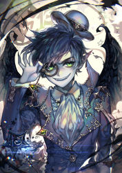 1boy animal animification anti-cosmo artist_name ascot belt black_cat black_wings blue_hair buttons cat chain collared_shirt colored_skin copyright_name dated evil_smile fangs fingernails formal_clothes green_eyes grey_skin hat highres jacket kawacy long_fingernails looking_at_viewer male_focus mini_hat monocle pointy_ears sharp_fingernails shirt smile solo star_(symbol) teeth the_fairly_oddparents upper_body wand white_shirt wings