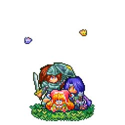 1girl 2boys animated animated_gif blonde_hair blue_hair brown_hair charlotte_(seiken_densetsu_3) duran_(seiken_densetsu_3) hat hawkeye_(seiken_densetsu_3) jester_cap lowres multiple_boys pixel_art rabite_(seiken_densetsu) seiken_densetsu seiken_densetsu_3 shield square_enix sweat sword weapon white_background