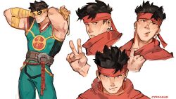 1boy absurdres aqua_bodysuit bandaged_arm bandages belt black_eyes black_hair cyrosaur earrings headband highres iron_fist_(marvel) jewelry marvel marvel_rivals muscular muscular_male o-ring o-ring_belt red_headband simple_background tying v white_background yellow_mask