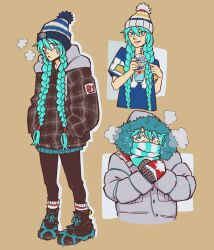 1girl :o absurdres aqua_eyes aqua_hair black_pants blue_shirt braid breath brown_background brown_coat canada coat commentary cup disposable_cup drinking_straw english_commentary grey_coat hands_in_pockets hat hatsune_miku highres hood hood_down hooded_coat leaf long_hair looking_at_viewer maple_leaf mittens multiple_views pants scarf shirt shoes short_sleeves slushie sneakers spookybonecas twin_braids very_long_hair vocaloid worldwide_miku