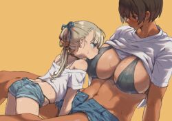 2girls age_difference blue_eyes height_difference highres kei_(m_k) loli m_k multiple_girls onee-loli original petite ponytail red_eyes rika_(m_k) short_hair short_shorts shorts stomach tall_female tomboy yuri