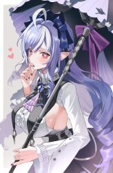 1girl ascot black_bow black_bowtie black_nails black_skirt border bow bowtie breasts brooch cowboy_shot dress drill_hair drill_sidelocks fingernails frilled_sleeves frills from_side gb_dumf grey_background heart heart-shaped_pupils highres holding holding_umbrella jewelry large_breasts long_sleeves looking_at_viewer multicolored_hair nail_polish pointy_ears purple_ascot purple_hair red_eyes sharp_fingernails sideboob sidelocks skirt solo symbol-shaped_pupils two-tone_hair umbrella vivian_banshee white_border white_dress white_hair zenless_zone_zero