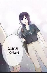 1girl black_shirt blue_eyes grey_pants kinoshita_alice long_hair manga_page ouji-sama_nante_iranai pants purple_hair shirt source_request
