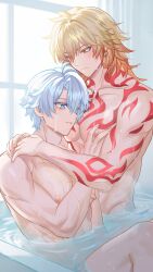 2boys abs absurdres antenna_hair arm_tattoo bathtub black_choker blonde_hair blue_eyes braid chest_tattoo choker crying crying_with_eyes_open earrings facial_tattoo gold_earrings gradient_hair hair_between_eyes hashtag-only_commentary highres honkai:_star_rail honkai_(series) jewelry male_focus medium_hair michowow multicolored_hair multiple_boys mydei_(honkai:_star_rail) nude parted_bangs partially_submerged pectoral_grab phainon_(honkai:_star_rail) red_hair red_tattoo short_hair side_braid tattoo tears toned toned_male white_hair yaoi yellow_eyes