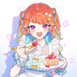 1girl alternate_costume alternate_hairstyle apron blush cake cake_slice chiyomaru_(yumichiyo0606) dated earrings feather_earrings feathers food fork frilled_apron frills fruit gradient_hair green_hair hair_ornament hairclip highres holding holding_fork holding_plate hololive hololive_english jewelry long_hair looking_at_viewer multicolored_hair open_mouth orange_hair plate purple_eyes smile solo strawberry strawberry_shortcake takanashi_kiara two_side_up virtual_youtuber