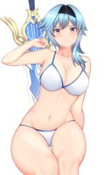 1girl alternate_costume arind_yudha arm_support armpits bikini blue_hair breasts claymore_(sword) cleavage collarbone commentary_request eula_(genshin_impact) genshin_impact gluteal_fold greatsword grey_eyes hair_between_eyes hair_ornament hairband knees_together_feet_apart large_breasts leaning_to_the_side looking_at_viewer medium_hair navel sidelocks simple_background sitting sleeveless solo spaghetti_strap stomach swimsuit sword weapon weapon_on_back white_background white_bikini