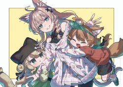 3girls absurdres ahoge animal_ear_fluff animal_ears blonde_hair blue_eyes braid brown_hair cardigan cat_ears cat_girl cat_tail closed_eyes dress fang green_eyes hair_bun hair_ornament hairclip hat highres hug kipfel_(vrchat) lilili240910 long_hair looking_at_viewer mamehinata multiple_girls off_shoulder open_mouth pantyhose red_shirt shinano_(vrchat) shirt shorts smile socks sweater tail visor_cap vrchat watermark x_hair_ornament x_mouth yellow_background