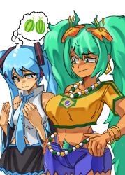 2girls aqua_eyes aqua_hair aqua_necktie black_skirt black_sleeves blue_eyes blue_hair blue_shorts bracelet brazil brazilian_flag brazilian_flag_print brazilian_miku collar_jewel commentary detached_sleeves dotted_line english_commentary female_pubic_hair flag_print flower food frown fruit grey_shirt hair_flower hair_ornament hatsune_miku headphones headset highres jewelry long_hair melon moxydraws multiple_bracelets multiple_girls necktie pubic_hair raised_eyebrow rectangular_earrings selfcest shirt shorts shorts_tan simple_background skirt smile speech_bubble tan tanline tanline_peek thought_bubble twintails very_long_hair vocaloid white_background yellow_shirt yuri