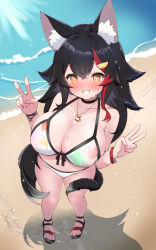1girl animal_ear_fluff animal_ears beach bikini black_hair blue_sky blush breasts cleavage closed_mouth double_v front-tie_bikini_top front-tie_top hair_ornament hairpin highres hololive kani_bonara large_breasts leaf_print looking_at_viewer maple_leaf_print multicolored_hair no_shirt official_alternate_costume ookami_mio ookami_mio_(hololive_summer_2019) print_bikini red_hair sand side-tie_bikini_bottom sky smile solo streaked_hair swimsuit tail tail_around_own_leg tail_wrap v virtual_youtuber water wolf_ears wolf_girl wolf_tail