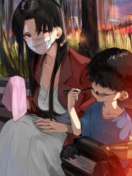 1boy 1girl bag black_hair blue_shirt child dress faceless faceless_male funi_mu9 handkerchief highres jacket kuchisake-onna long_hair lunchbox marker mask mouth_mask original red_jacket shirt surgical_mask white_dress