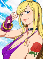 Rule 34 | 1girl, arm tattoo, b. jenet, blonde hair, blue eyes, breasts, cleavage, covered erect nipples, dress, fatal fury, fatal fury: city of the wolves, fingerless gloves, gloves, highres, large breasts, long hair, one eye closed, pink lips, purple dress, salute, sideboob, solo, tattoo, the king of fighters, touniyuu, wink