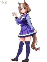 Rule 34 | 1girl, animal ears, belno light (umamusume), bob cut, bow, bowtie, brown eyes, brown hair, brown shoes, commentary, dated, ear ribbon, frilled skirt, frills, from side, full body, hair ornament, highres, horse ears, horse girl, horse tail, letter hair ornament, loafers, long sleeves, looking at viewer, miniskirt, multicolored hair, open mouth, pleated skirt, purple sailor collar, purple shirt, purple skirt, purple thighhighs, sailor collar, school uniform, serafuku, shiroshitogi, shirt, shoes, short hair, simple background, skindentation, skirt, smile, solo, standing, tail, thighhighs, two-tone hair, umamusume, umamusume: cinderella gray, waving, white background, white bow, white bowtie, white hair