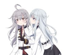 Rule 34 | 2girls, aged down, ahoge, bad id, bad pixiv id, belt, black sailor collar, black skirt, blue eyes, blush, breasts, brown gloves, cleavage, cnm, coat, duplicate, gangut (kancolle), gloves, grey hair, hair between eyes, hibiki (kancolle), kantai collection, long hair, long sleeves, miniskirt, multiple girls, no headwear, orange eyes, pleated skirt, red shirt, sailor collar, scar, school uniform, serafuku, shirt, simple background, skirt, small breasts, verniy (kancolle), wavy mouth, white background, white coat