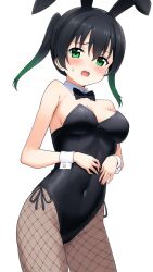 absurdres animal_ear_hairband animal_ears black_bow black_bowtie black_hair black_leotard bow bowtie breasts detached_collar fake_animal_ears fishnet_pantyhose fishnets gradient_hair green_eyes green_hair hairband highres leotard love_live! love_live!_nijigasaki_high_school_idol_club m_(pixiv60394917) medium_breasts multicolored_hair pantyhose playboy_bunny rabbit_ears side-tie_leotard simple_background strapless strapless_leotard takasaki_yu twintails white_background wrist_cuffs