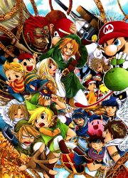 00s 3girls 6+boys alternate_costume anger_vein ash_ketchum baseball_bat baseball_cap blonde_hair blue_eyes blue_oak blue_oak_(pokemon_frlg) cannon child creatures_(company) diddy_kong directed-energy_weapon donkey_kong_(series) eevee energy_cannon energy_weapon fire_emblem fire_emblem:_mystery_of_the_emblem fire_emblem:_path_of_radiance game_freak ganondorf gary_oak gen_1_pokemon gen_2_pokemon gen_4_pokemon hat holding holding_poke_ball ice_climbers ike_(fire_emblem) jigglypuff kid_icarus kirby kirby_(series) landmaster legendary_pokemon link lucario lucas_(mother_3) majora_(entity) mario mario_(series) marker_(medium) marth_(fire_emblem) mask meta_knight mewtwo midorihana_yasaiko monkey mother_(series) mother_2 mother_3 multiple_boys multiple_girls ness_(mother_2) nintendo pichu pikachu pit_(kid_icarus) poke_ball poke_ball_(basic) pokemon pokemon_(anime) pokemon_(creature) pokemon_frlg princess_zelda red_(pokemon) red_(pokemon_frlg) red_eyes red_hair roy_(fire_emblem) sheik star_fox super_smash_bros. the_legend_of_zelda the_legend_of_zelda:_majora&#039;s_mask the_legend_of_zelda:_ocarina_of_time the_legend_of_zelda:_twilight_princess toon_link traditional_media yoshi young_link