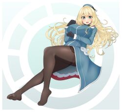 1girl absurdres atago_(kancolle) beret black_gloves black_pantyhose blonde_hair blue_background blue_eyes blue_hat blush breasts full_body gloves green_eyes hat highres kantai_collection large_breasts long_hair looking_at_viewer military_uniform no_shoes pantyhose smile solo white_background wigguy