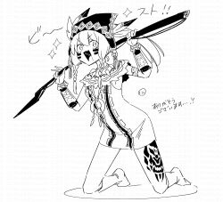 1girl :d absurdres bayonet boots braid character_request dress etrian_odyssey facial_mark fang feathers full_body gao greyscale gun highres holding holding_gun holding_weapon knee_boots kneeling long_hair looking_at_viewer monochrome nikki_kyousuke open_mouth rifle simple_background sleeveless sleeveless_dress smile solo translation_request twin_braids v-shaped_eyebrows watermark weapon white_background