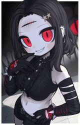 1girl belt black_belt black_gloves black_hair black_shirt black_shorts blush border breasts buttons center_frills cowboy_shot crop_top earrings film_grain frills gloves grin hair_ornament hand_on_own_hip jewelry ketopon light_particles medium_breasts medium_hair navel original outside_border red_eyes shirt shorts sleeveless sleeveless_shirt smile solo spiked_ear_piercing star_(symbol) star_hair_ornament third_eye tsurime white_border