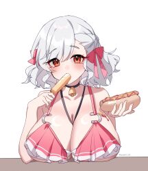 1girl absurdres bare_shoulders bell between_breasts bikini black_choker blush bow breasts choker cleavage collarbone commentary corn_dog eating food frilled_bikini frills girls&#039;_frontline girls&#039;_frontline_2:_exilium hair_bow highres holding holding_food holding_popsicle hot_dog huge_breasts looking_at_viewer medium_hair neck_bell pink_bikini pink_bow popsicle red_eyes sabrina_(girls&#039;_frontline_2) sabrina_(strawberry_zabaione)_(girls&#039;_frontline_2) simple_background solo spas-12_(girls&#039;_frontline) strap_between_breasts swimsuit taiyaki12 twitter_username upper_body white_background white_hair