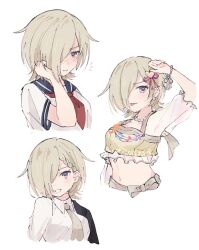 Rule 34 | 1girl, adjusting hair, bead bracelet, bead necklace, beads, blue sailor collar, blush, bracelet, braid, closed mouth, collared shirt, earrings, embarrassed, flying sweatdrops, frilled shirt, frills, grey necktie, grey shirt, hair over one eye, hand up, highres, jacket, jacket on shoulders, jewelry, long sleeves, looking at viewer, love live!, love live! nijigasaki high school idol club, mia taylor, midriff, multiple views, musical note, musical note print, navel, neckerchief, necklace, necktie, notyu maru, one eye covered, red neckerchief, sailor collar, shirt, short hair, short sleeves, smile, tongue, tongue out, upper body, white background, white shirt