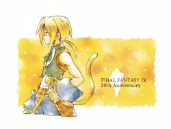 1boy anniversary bare_shoulders belt blonde_hair blue_pants blue_wrist_cuffs cowboy_shot english_text final_fantasy final_fantasy_ix from_side green_vest holster ichi_(pixiv6373491) long_hair low_ponytail male_focus painterly pants ponytail shirt sleeveless sleeveless_shirt smile solo_focus star_(symbol) star_symbol_background tail vest white_shirt wrist_cuffs yellow_theme zidane_tribal